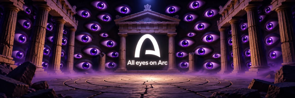 All eyes on Arc - Pantheon shrine with watchful purple eyes and illuminated Arc symbol