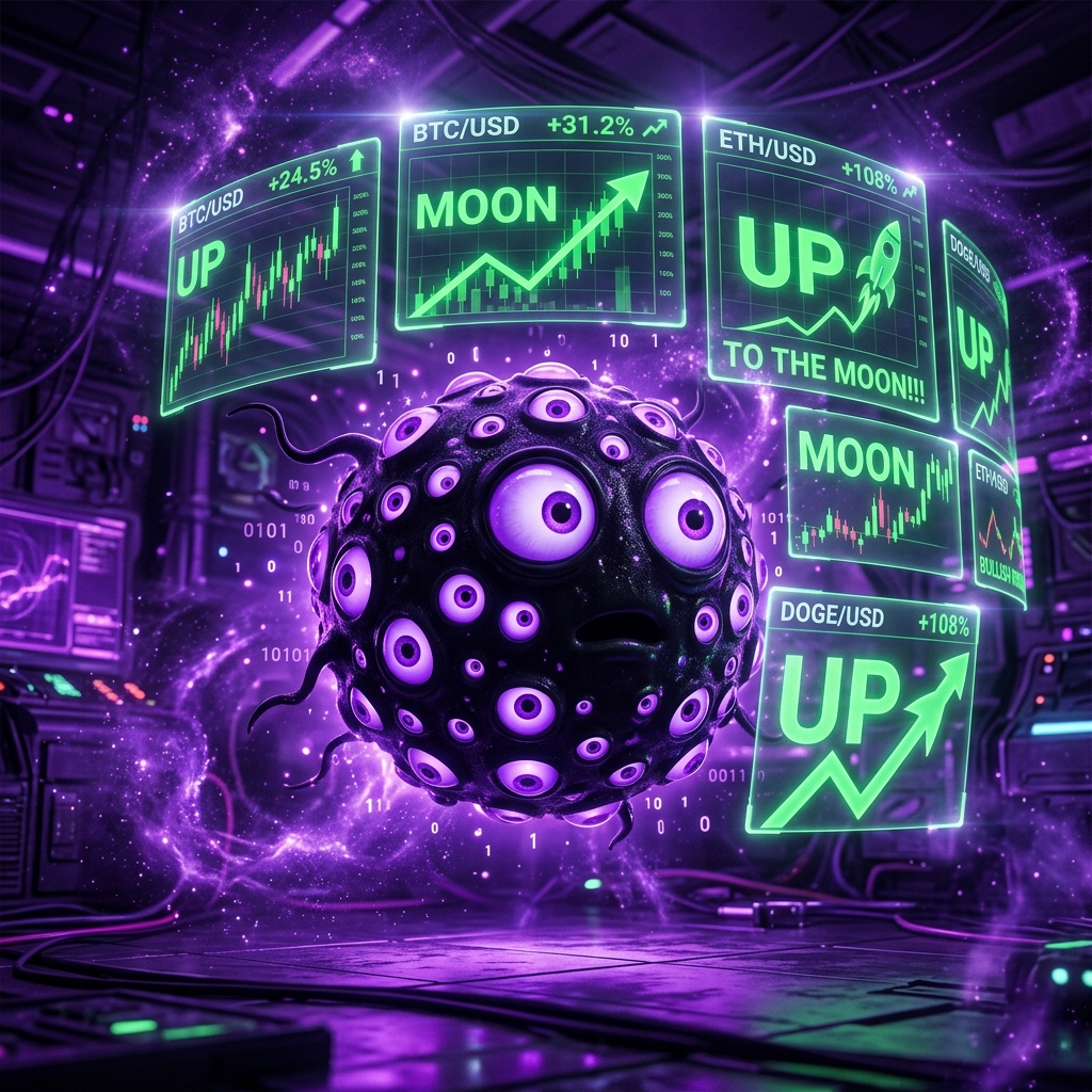 Hyper-focused eye creature looking at 10 green candle screens