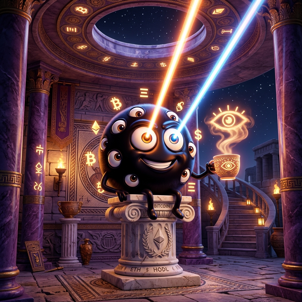 Cute multi-eyed orb sipping coffee with laser eyes shooting up